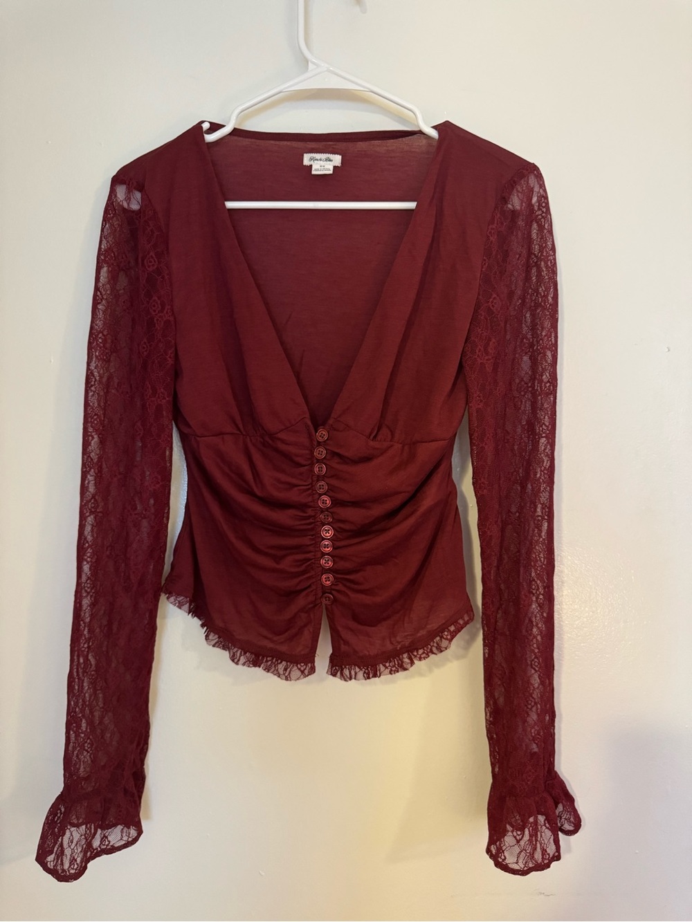 Kimchi Blue Burgundy Lace-Trim Ruched Button Front Top